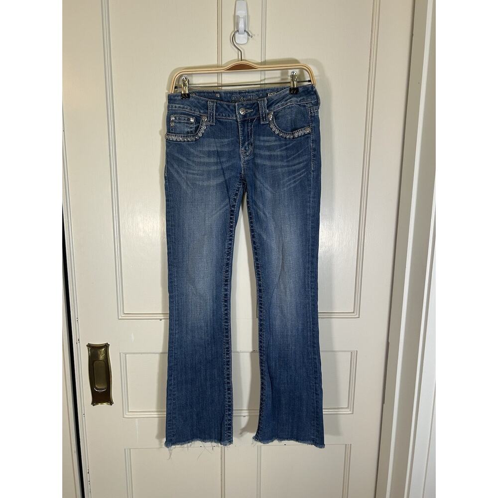 Miss Me Boot Cut Frayed Hem Jeans Womens Size 27 Blue Bling Rhinestone Cowgirl